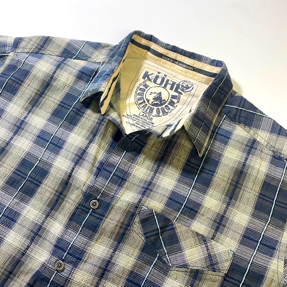 Kuhl mens L Large blue plaid short sleeve button up outdoors shirt EUC